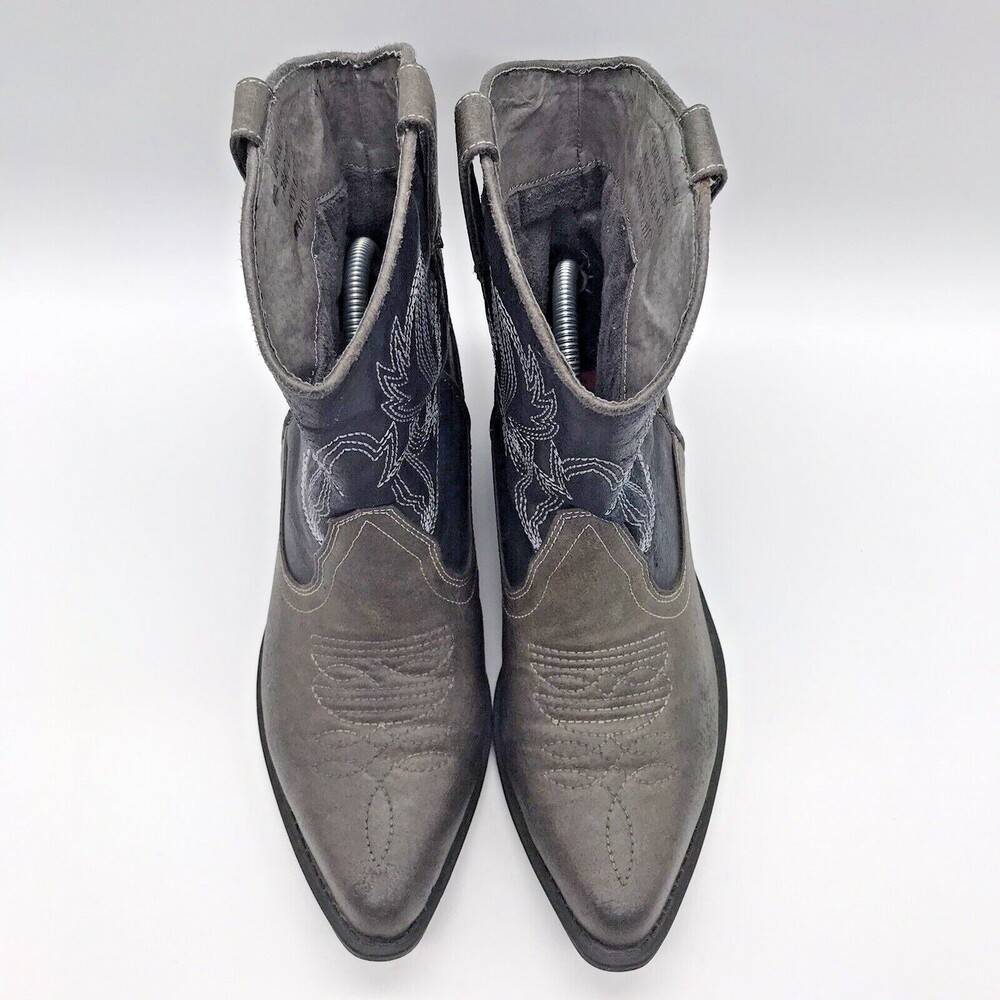 London Rebel Black Gray Embroidered Faux Leather Western Ankle Boots Women's 6M - Picture 5 of 10